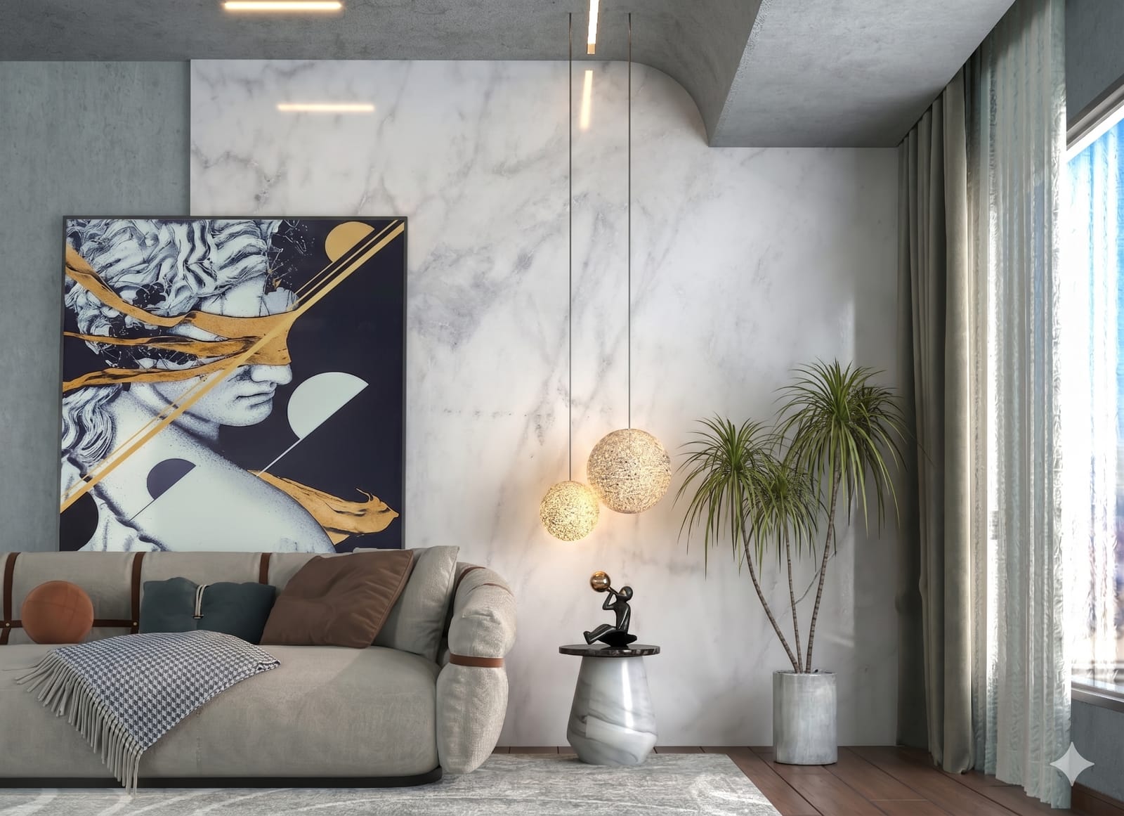 Marble-clad living room showcasing a Slaab-visualized surface